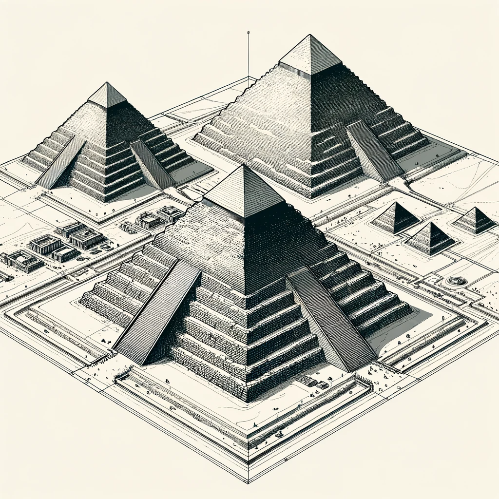 DALL·E 2023-10-29 00.30.07 - Isometric perspective line sketch in black and white illustrating a realistic blueprint of the large-scale Pyramids of Giza. The drawing focuses solel